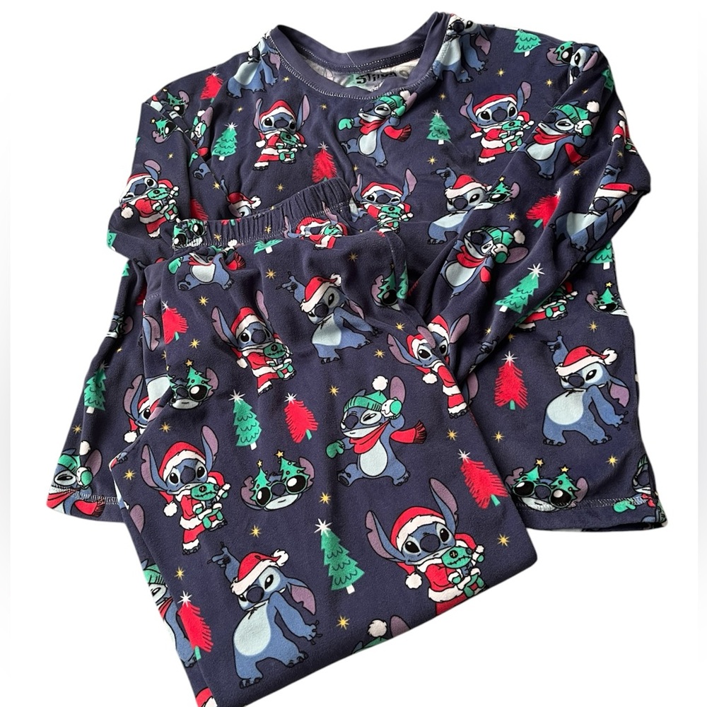 Disney Stitch Winter Christmas PJ Blue green Christmas Trees FLEECE Long Sleeve